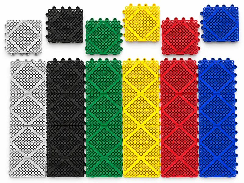 Placas de piso plástico encastrable en gris, negro, verde, amarillo, rojo y azul