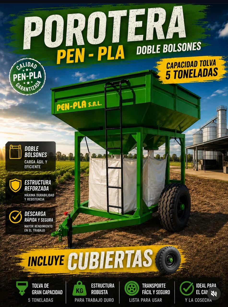 Porotera Pen-Pla para doble bolsón, tolva verde de 5 toneladas sobre ruedas